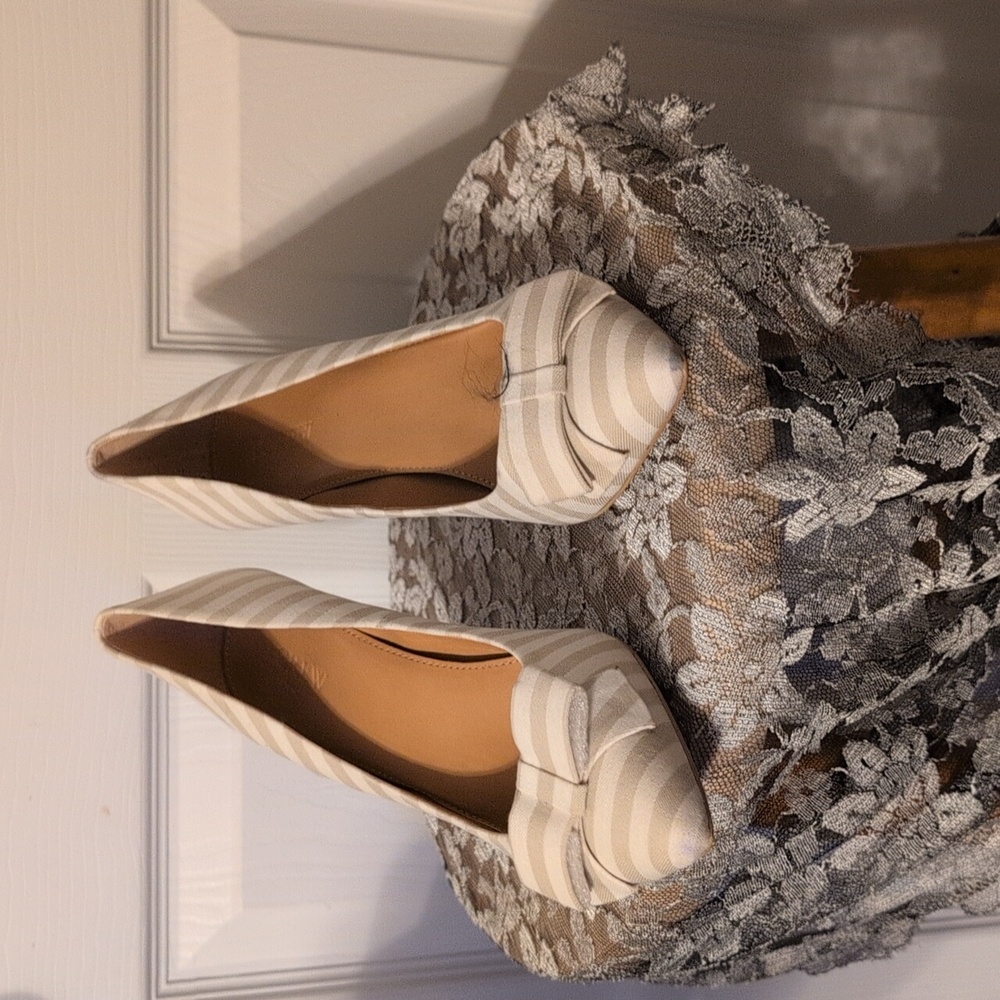 J. Crew Women’s 9 M NEW Striped Pointy Bow Beige Tan Ivory Pumps